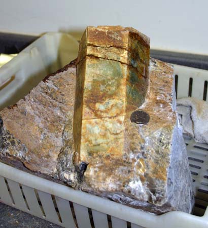 Wayne-Lee pit side, Tripp mine, 3.12” X 7” tall beryl crystal. 